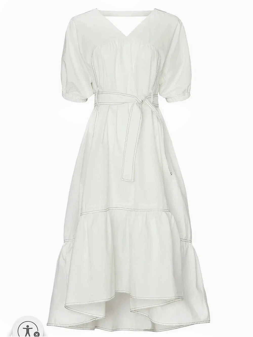 CAARA Lombardy White Contrast Stitch Puff Sleeve Belted Midi Dress XL